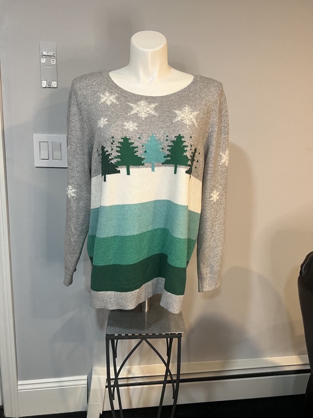 Talbots Trees & Stripes Snowflake Pullover Sweater Women 3X Gray Green EUC